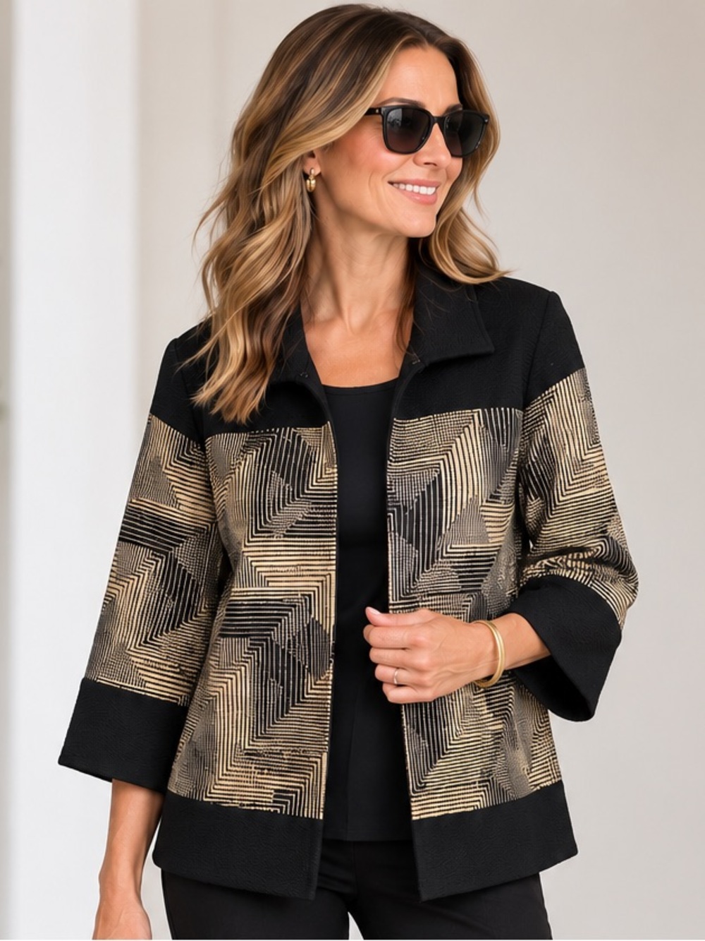 Chico’s Travelers Open Front Jacket 4 (XXL) Black Gold Holiday Blazer NWT